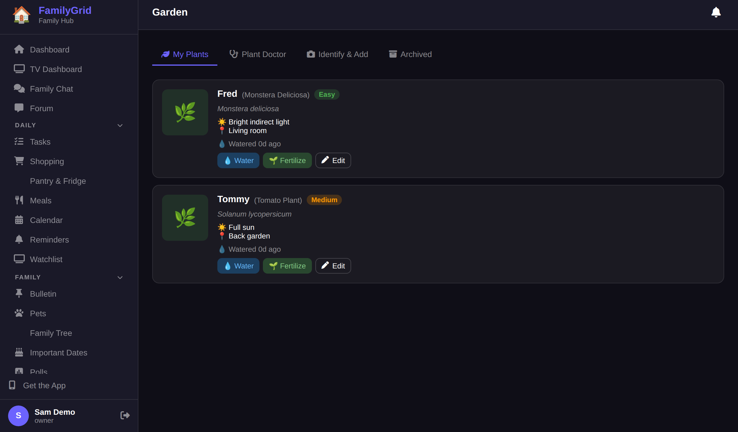 OurFamilyGrid garden planner with AI plant identification