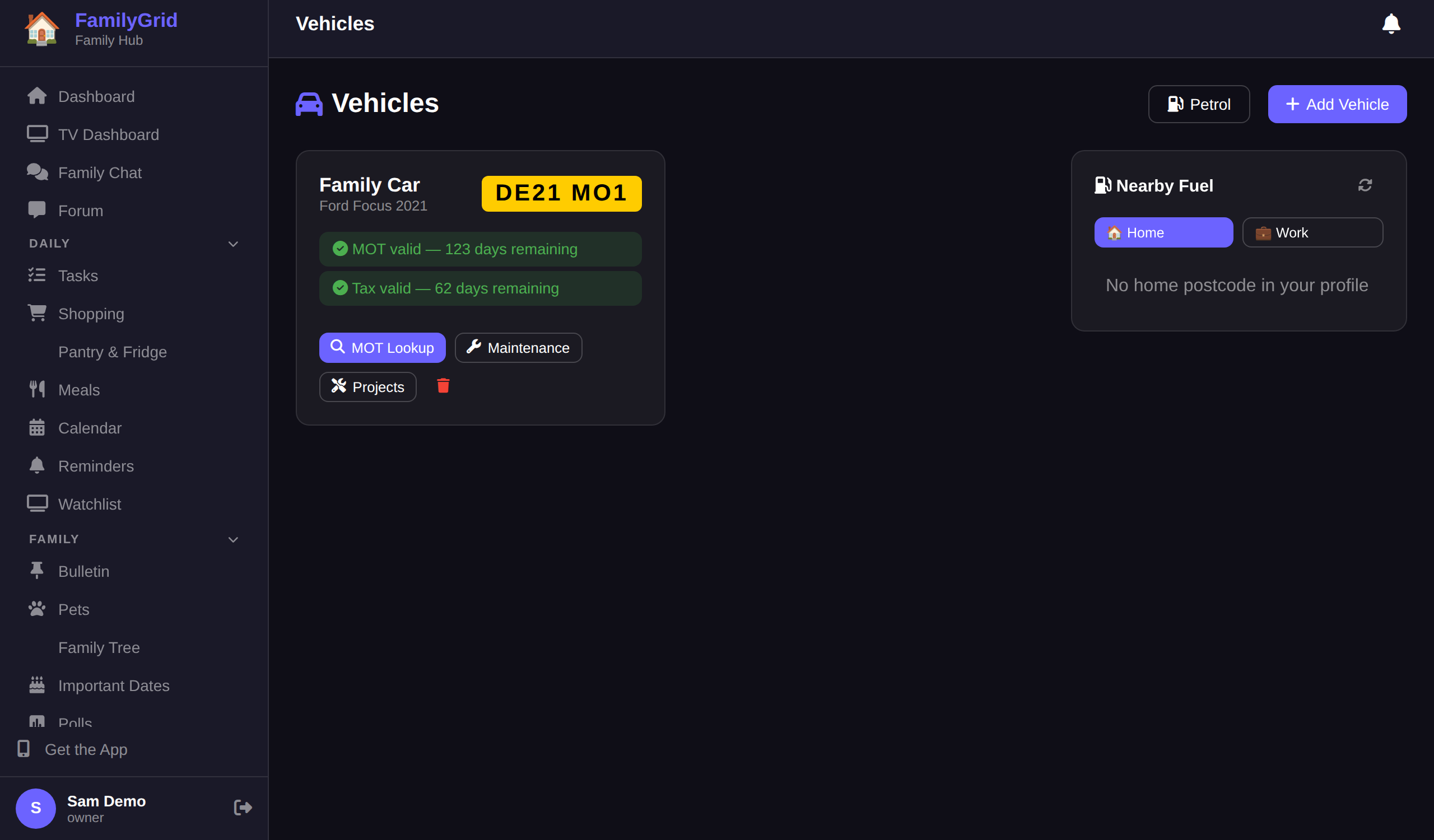 OurFamilyGrid vehicle MOT and tax tracker