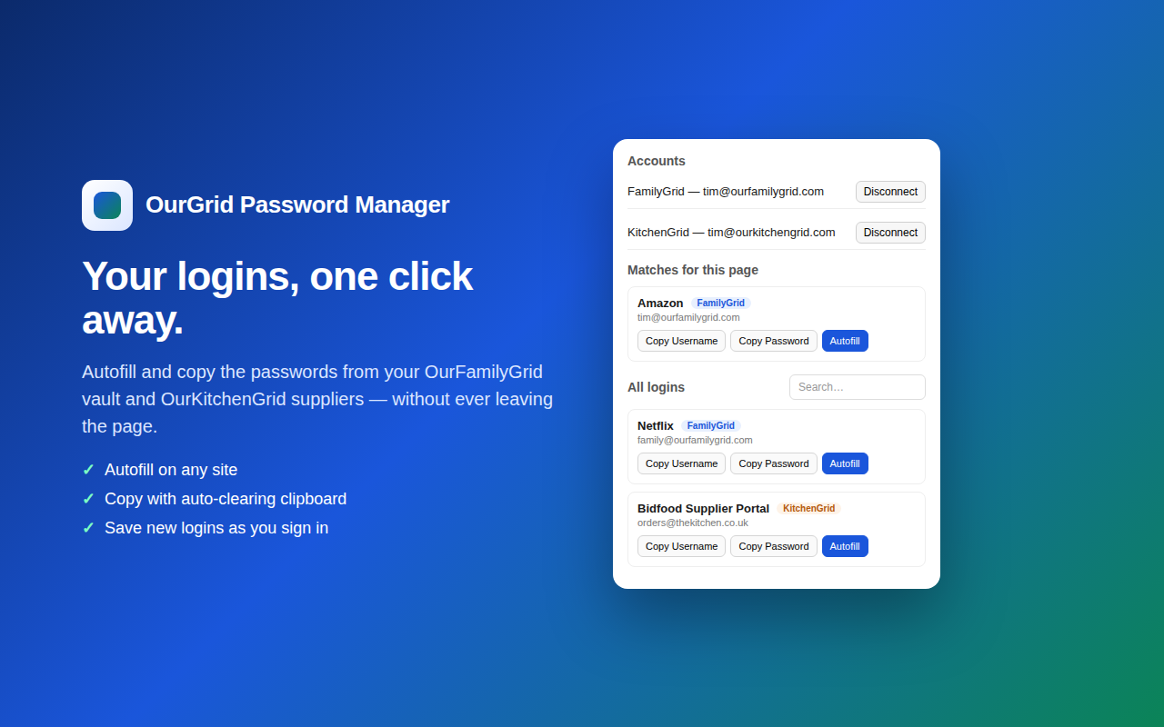 OurGrid Password Manager browser extension popup