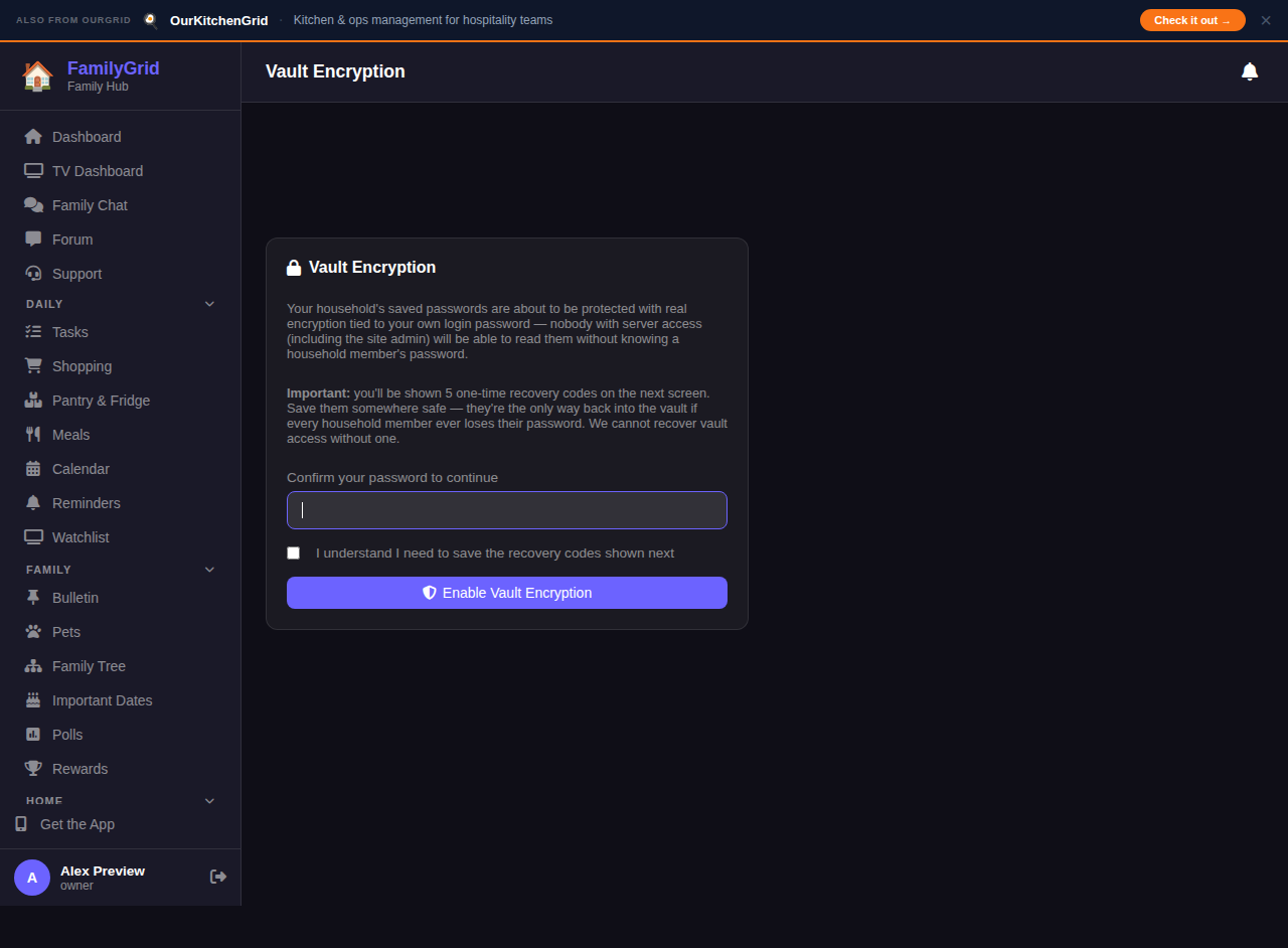 Vault encryption setup screen asking to confirm your password